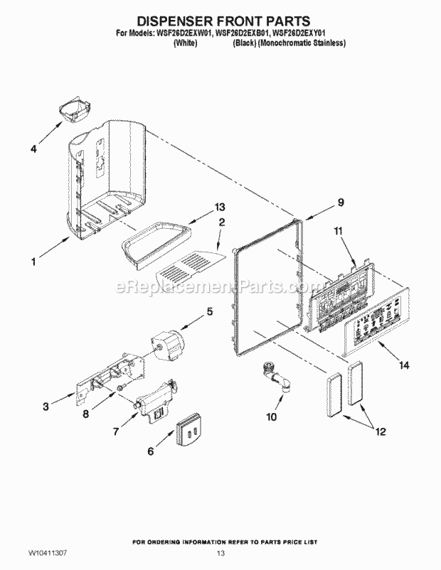 Whirlpool WSF26D2EXB01 Side-By-Side Refrigerator Dispenser Front Parts Diagram