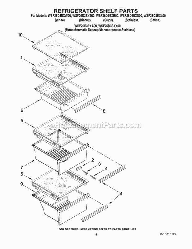 Whirlpool WSF26D3EXB00 Side-By-Side Refrigerator Refrigerator Shelf Parts Diagram