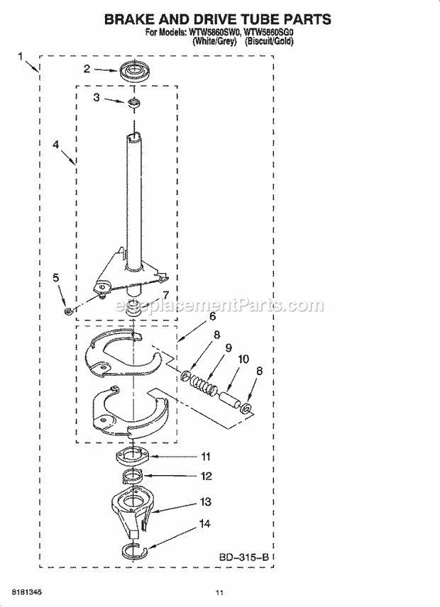 Whirlpool WTW5860SG0 Residential Washer Brake and Drive Tube Parts Diagram