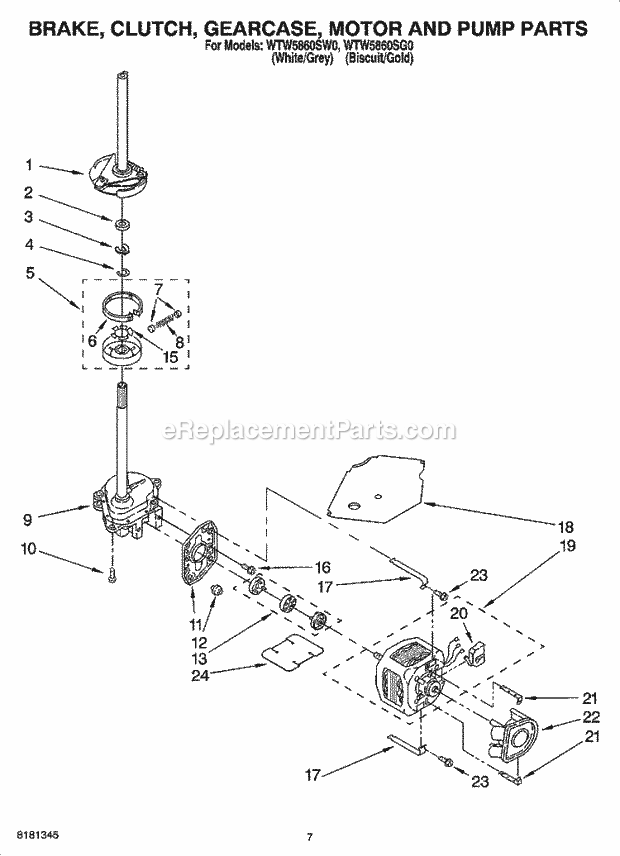 Whirlpool WTW5860SG0 Residential Washer Brake, Clutch, Gearcase, Motor and Pump Parts Diagram