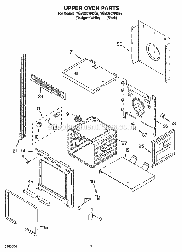 Whirlpool YGBD307PDB6 Electric Built-in Oven Upper Oven Parts Diagram