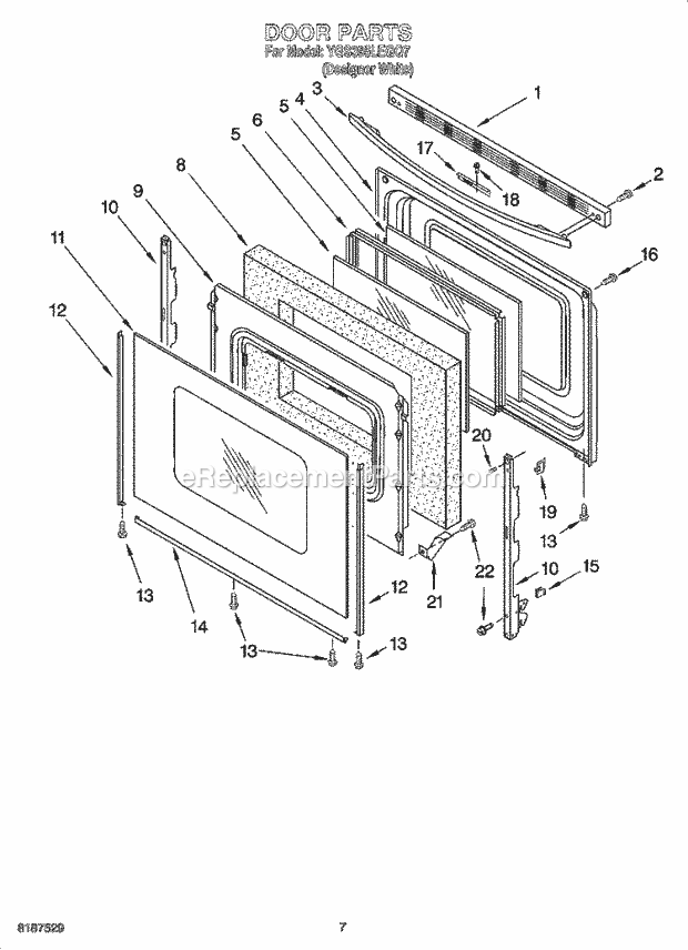 Whirlpool YGS395LEGQ7 Freestanding Gas Range Door Parts Diagram