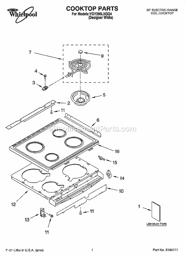 Whirlpool YGY395LXGQ4 Freestanding Electric Range Cooktop Parts Diagram