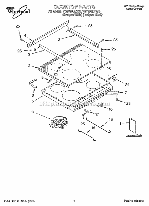 Whirlpool YGY396LXGB5 Freestanding Electric Cooktop Parts Diagram