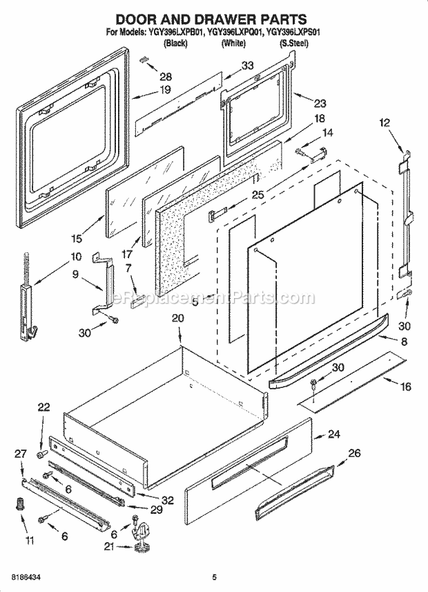 Whirlpool YGY396LXPB01 Electric Slide-in Range Door and Drawer Parts Diagram