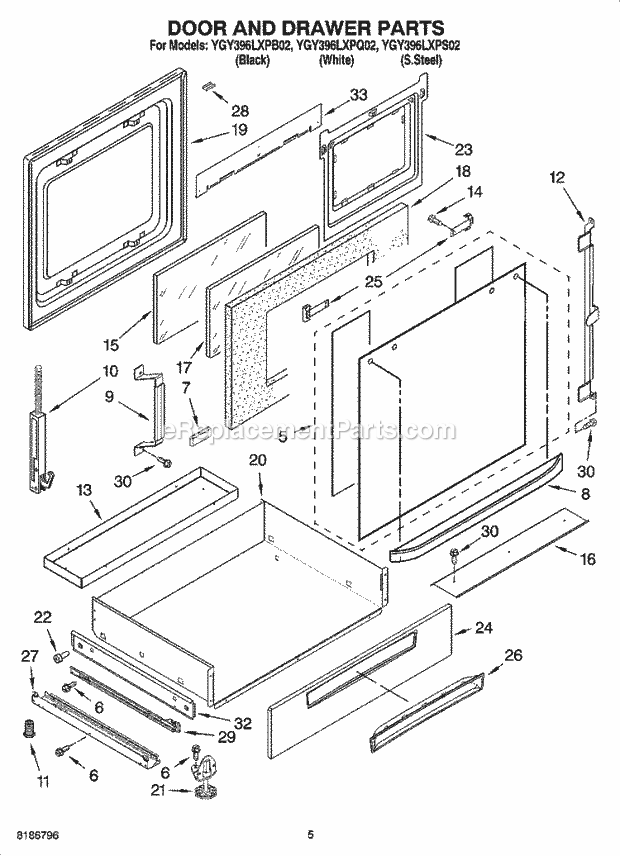 Whirlpool YGY396LXPB02 Electric Slide-in Range Door and Drawer Parts Diagram