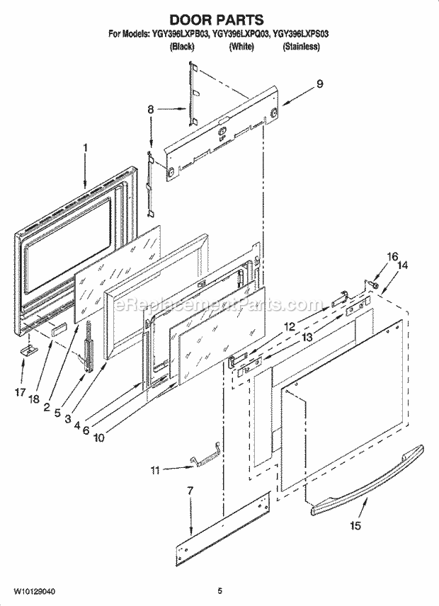 Whirlpool YGY396LXPB03 Electric Slide-in Range Door Parts Diagram