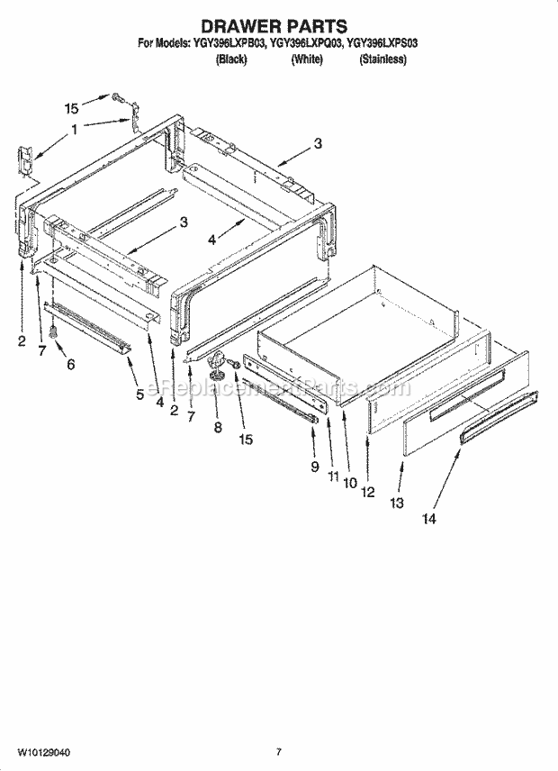 Whirlpool YGY396LXPB03 Electric Slide-in Range Drawer Parts Diagram