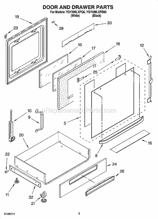 Whirlpool YGY396LXPQ0 Electric Slide-in Range Door and Drawer Parts Diagram