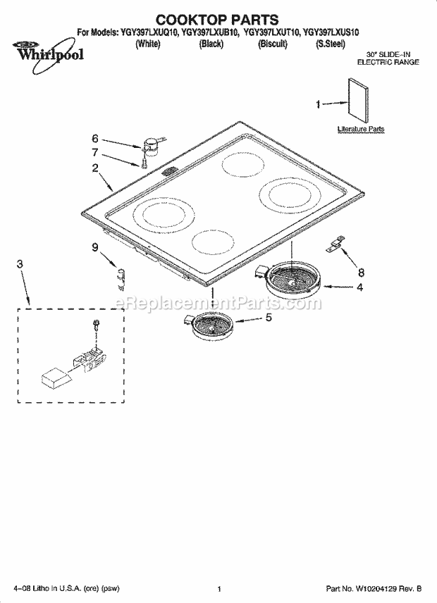 Whirlpool YGY397LXUQ10 Electric Slide-in Range Cooktop Parts Diagram