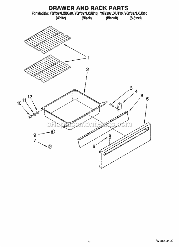 Whirlpool YGY397LXUS10 Electric Slide-in Range Drawer and Rack Parts, Optional Parts (Not Included) Diagram