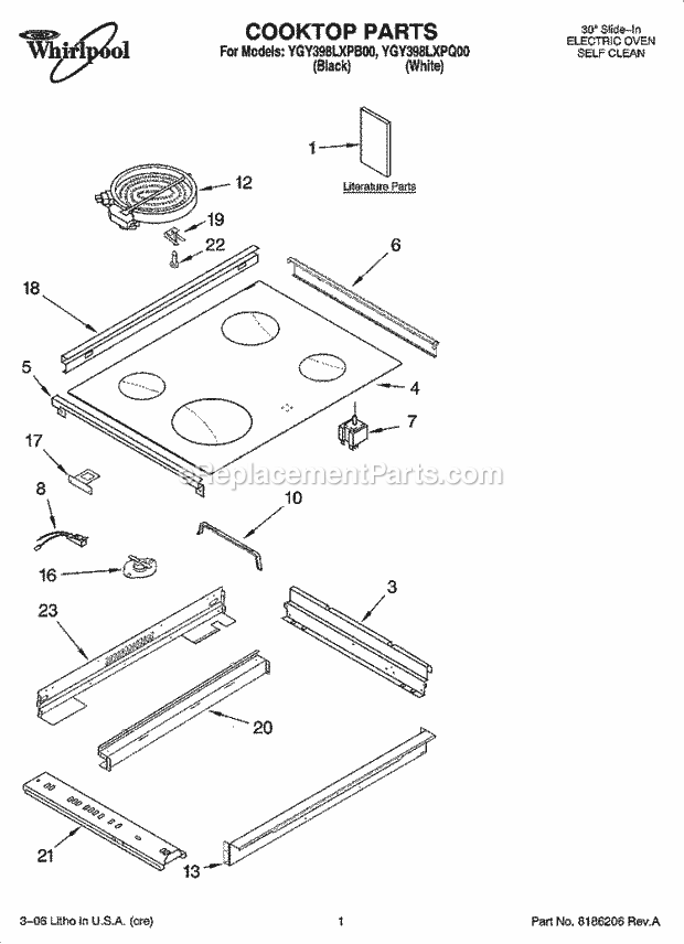 Whirlpool YGY398LXPB00 Electric Slide-in Range Cooktop Parts Diagram