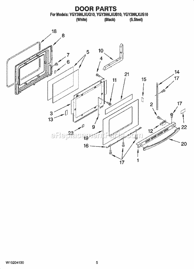 Whirlpool YGY399LXUS10 Electric Slide-in Range Door Parts Diagram