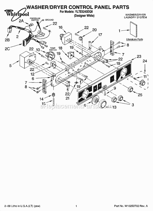 Whirlpool YLTE5243DQ8 Laundry Center Washer/Dryer Control Panel Parts Diagram