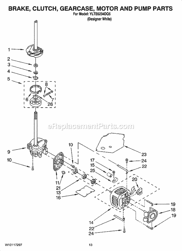Whirlpool YLTE6234DQ6 Laundry Center Brake, Clutch, Gearcase, Motor and Pump Parts Diagram