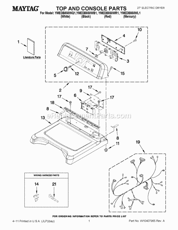 Whirlpool YMEDB850WQ1 Dryer Top and Console Parts Diagram