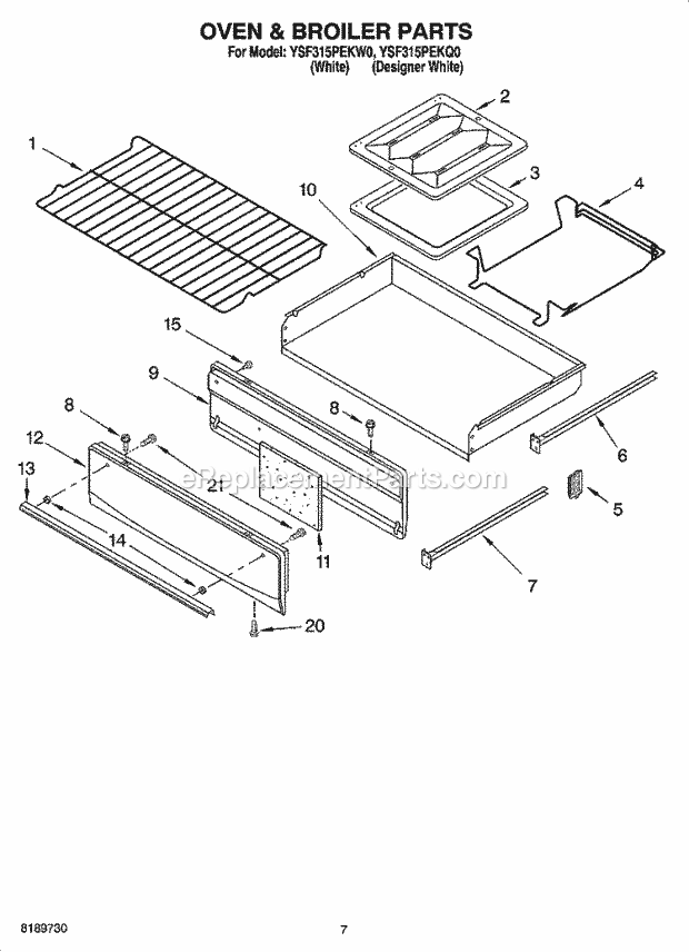 Whirlpool YSF315PEKQ0 Freestanding Gas Range Oven & Broiler Parts Diagram