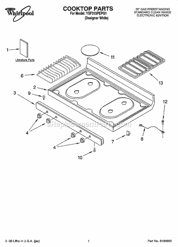 Whirlpool YSF315PEPQ1 Freestanding Gas Range Cooktop Parts Diagram