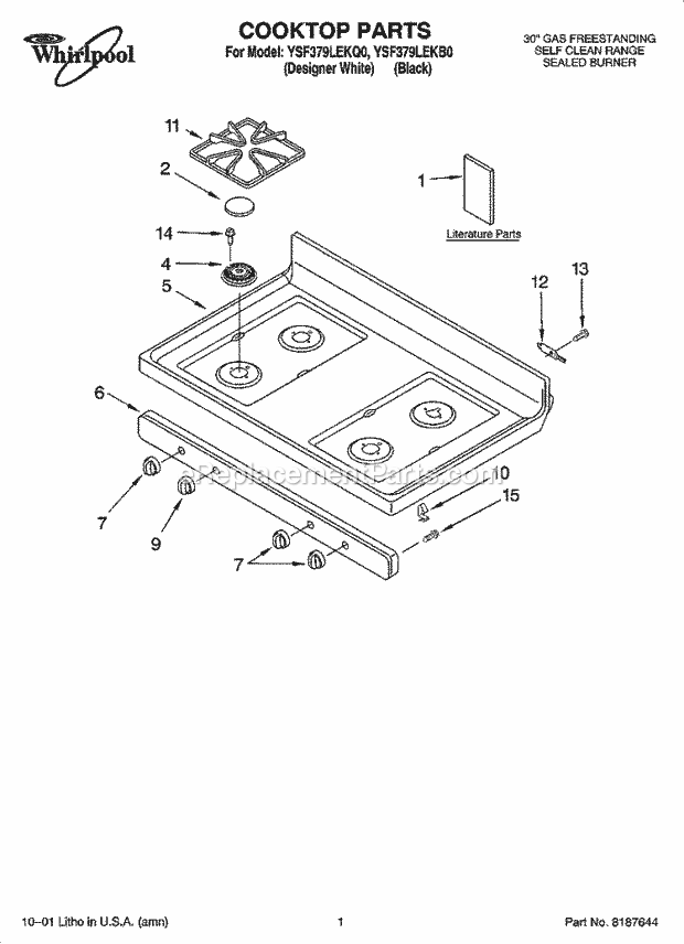 Whirlpool YSF379LEKQ0 Freestanding Gas Range Cooktop Parts Diagram