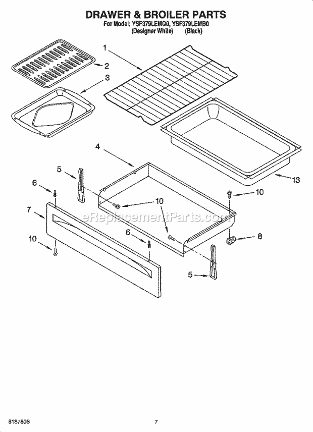 Whirlpool YSF379LEMB0 Freestanding Gas Range Drawer & Broiler Parts Diagram