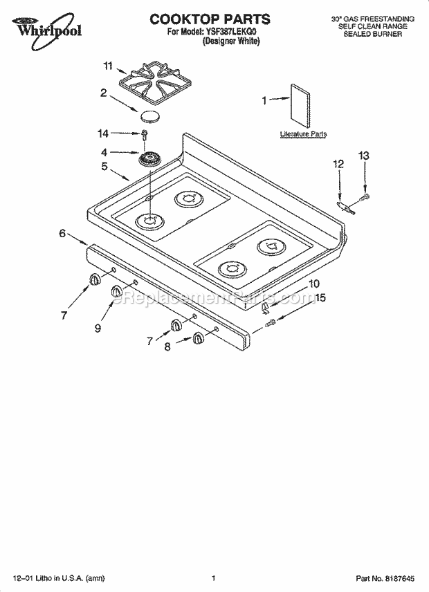 Whirlpool YSF387LEKQ0 Freestanding Gas Range Cooktop Parts Diagram