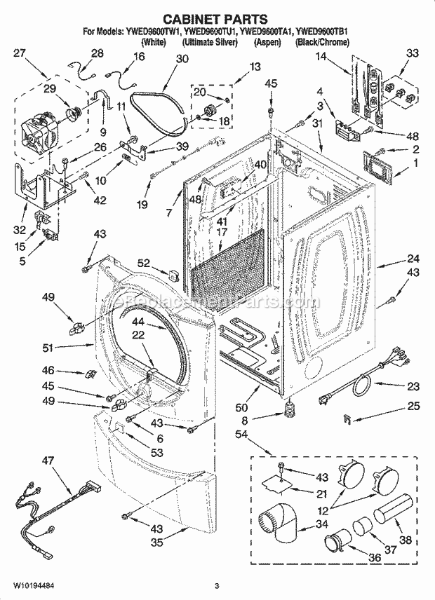 Whirlpool YWED9600TW1 Residential Dryer Cabinet Parts Diagram