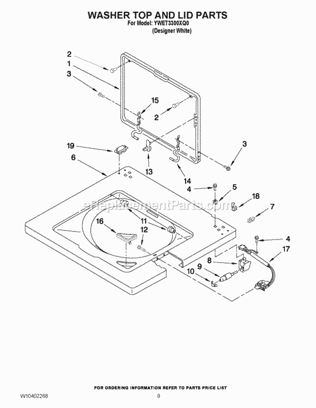 Whirlpool YWET3300XQ0 Laundry Center Washer Top and Lid Parts Diagram