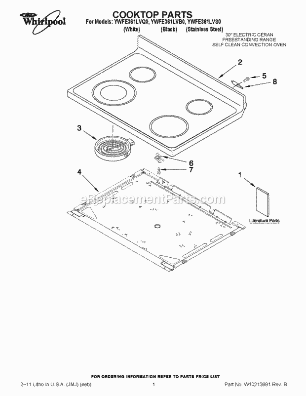 Whirlpool YWFE361LVS0 Freestanding Electric Cooktop Parts Diagram