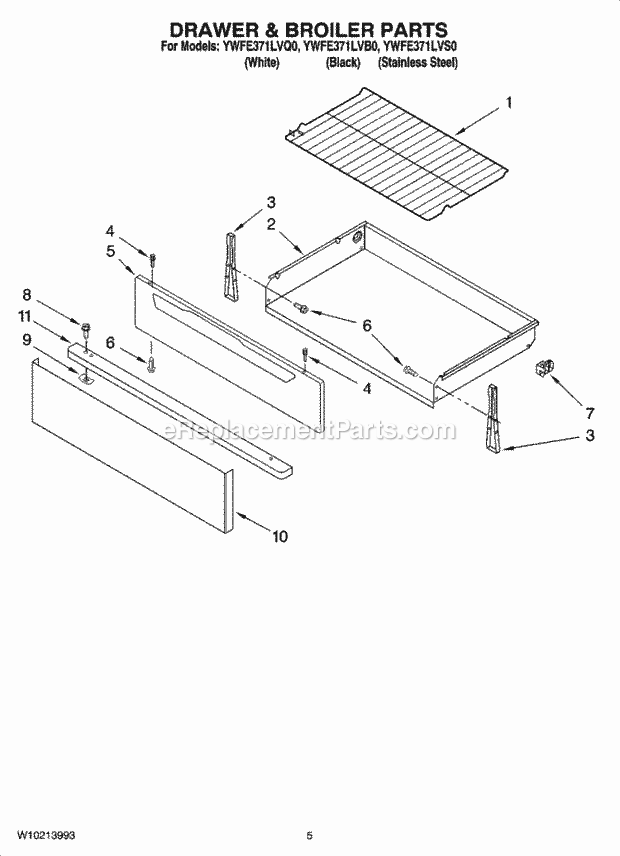 Whirlpool YWFE371LVQ0 Freestanding Electric Drawer & Broiler Parts Diagram